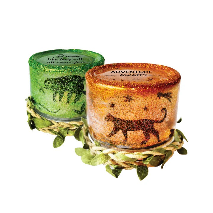 Box Candiy Totally Twilight candles in glittery green elephant jar and orange glitter dog jar on a braided base