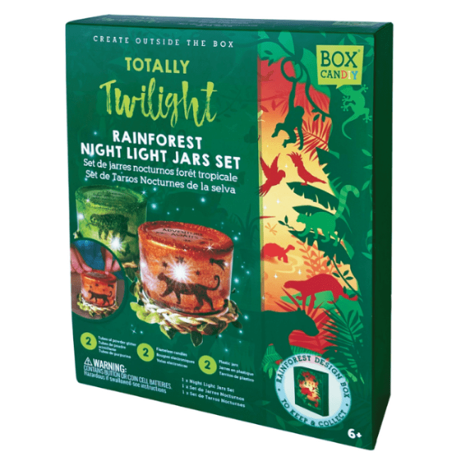 Box Candiy Totally Twilight rainforest night light jars set with 2 glow glass jars in green packaging