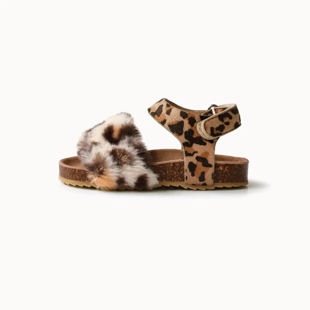 BOXBO Cork Sandal Leon Leopard with leopard-print straps and fluffy fur front, shown resting on a cork sole.