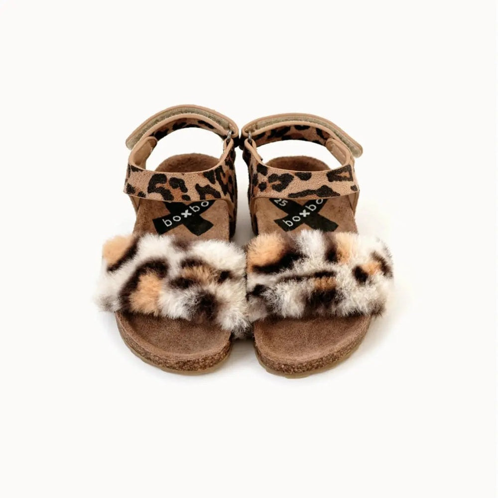 Boxbo Cork Sandal Leon Leopard, leopard-print straps with a fluffy fur band across the toe area.