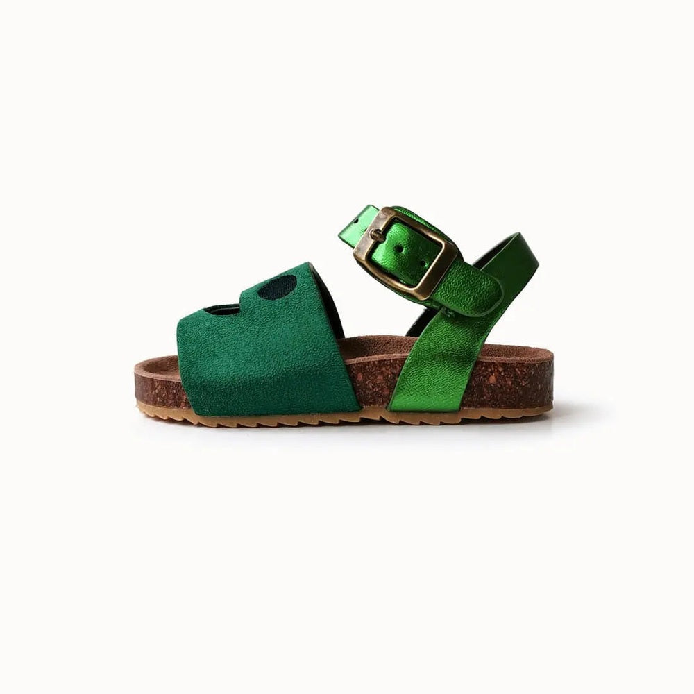 Boxbo Cork Sandal Wistiti Green, green suede straps buckle over cork footbed in side view.