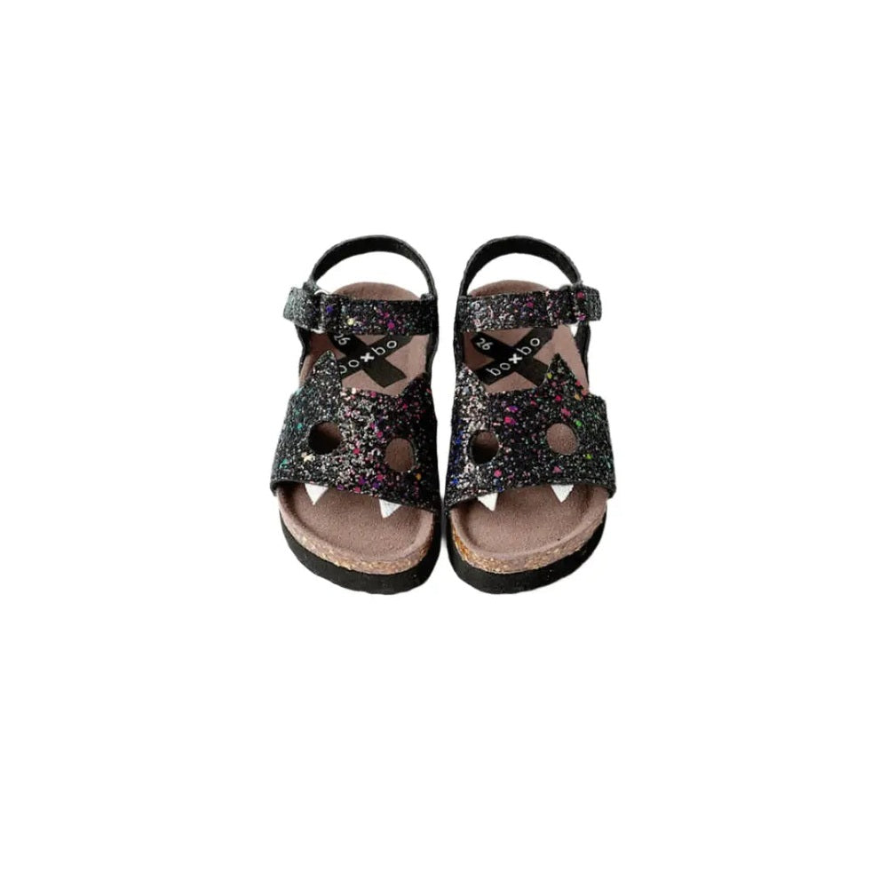 BOXBO Boxbo Fox Cork Clog Unisex Sandal, black glitter straps with cork footbeds, pair shown