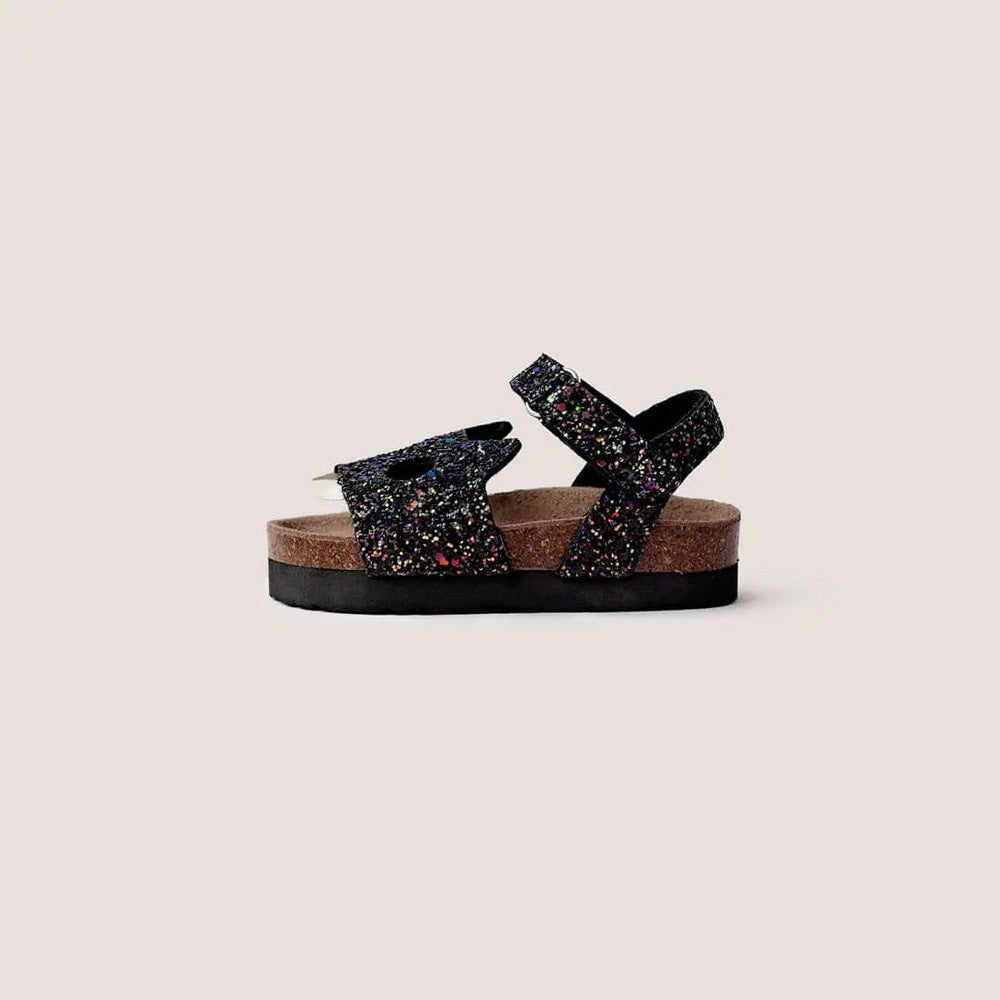 Boxbo Fox Cork Clog Unisex Sandal Black Glitter with cork sole and two adjustable glittery straps.