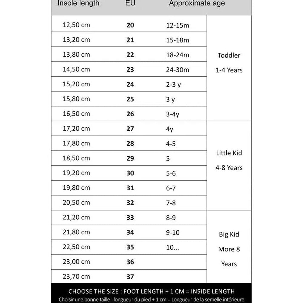 Boxbo Fox Cork Clog Unisex Sandal Coffee size chart showing insole lengths and EU age ranges.