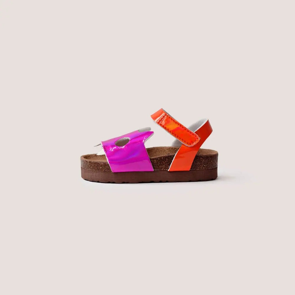 Boxbo Fox Cork Clog Sandal, unisex, fuchsia/orange straps shown with adjustable Velcro strap and cork sole
