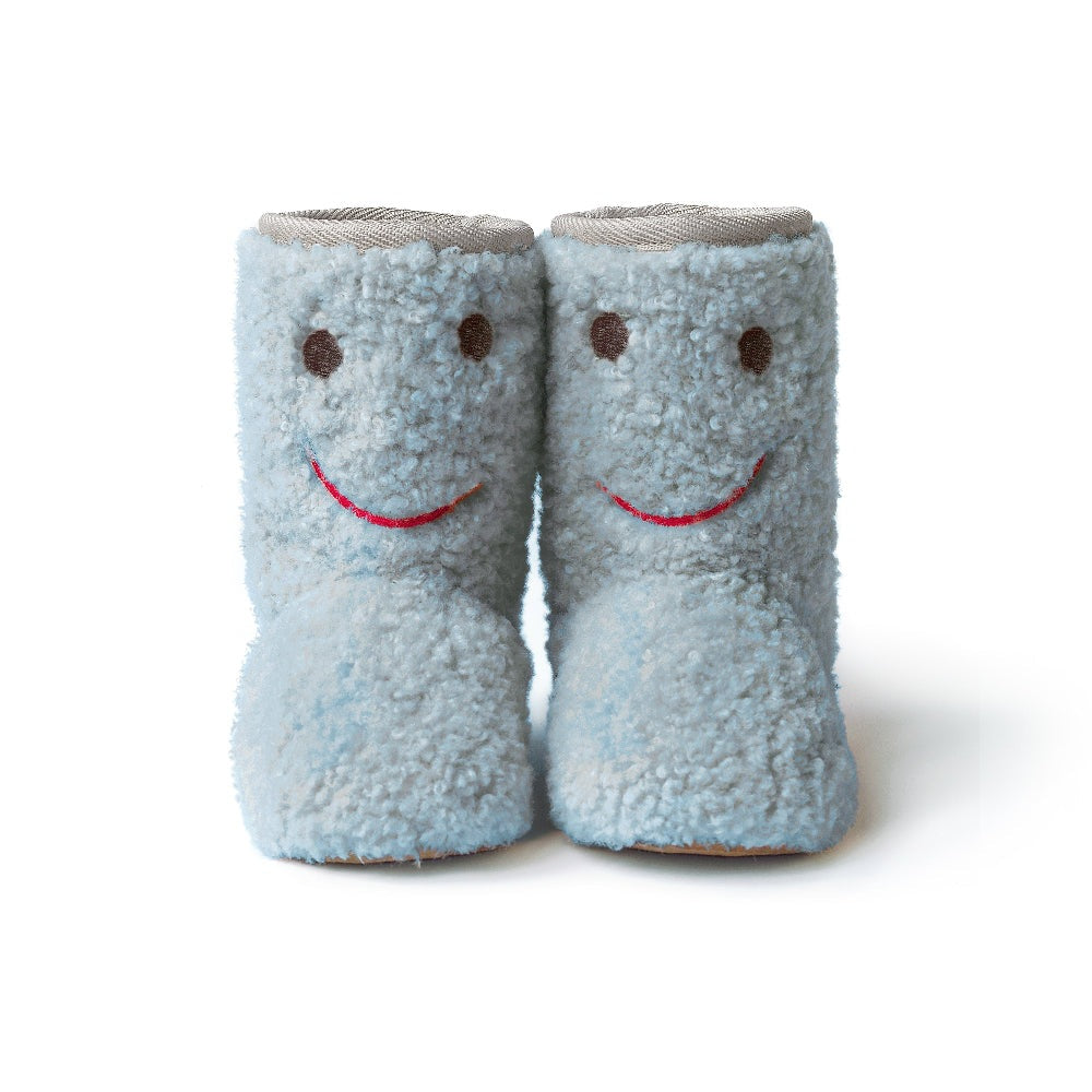 Boxbo Warm Winter Boots Ice Blue Bear pair shown side by side, smiling fluffy fleece toddler boots