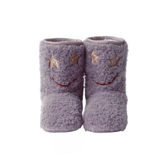 Boxbo Warm Winter Boots Purple Mauve for babies; pair of fluffy purple boots with star eyes and stitched smiles.