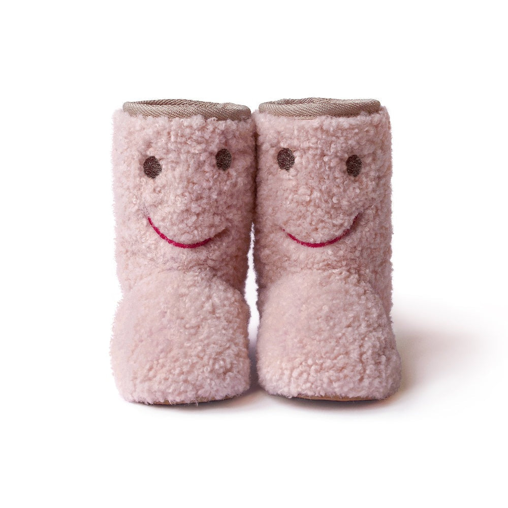 Boxbo Warm Winter Boots Rose Bear pair; soft pink fuzzy toddler boots with smiling faces, standing upright together.