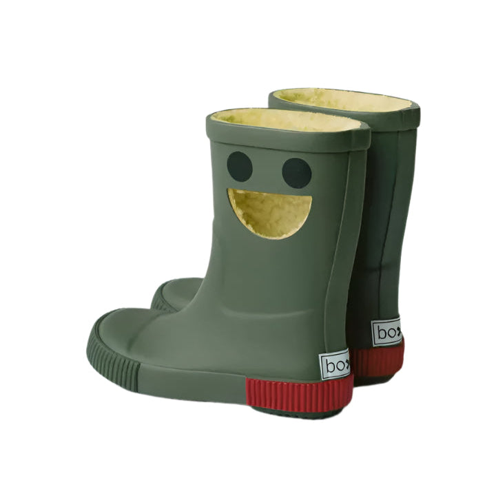 Boxbo Wistiti fleece-lined rainboots Forest Green, two boots shown with cozy cream fleece lining visible at the top.