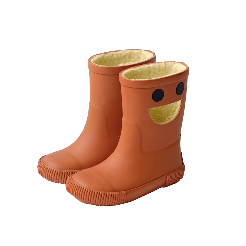 Boxbo Wistiti Fleece Lined Rainboots Vintage Brown; orange rubber boots shown upright, plush lining visible and cheerful face.