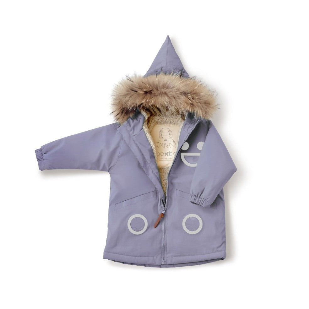 Boxbo Wistiti mauve lavender fleece-lined waterproof baby jacket with fur hood, zipper partially open to reveal warm lining.