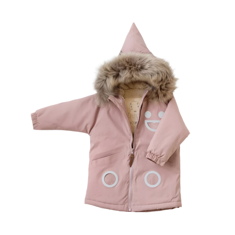 Boxbo Wistiti fleece-lined waterproof and snowproof fur jacket in dusty rose pink, zipping up with faux fur hood.