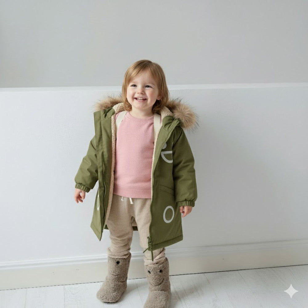 BOXBO Wistiti Fleece Lined Waterproof & Snowproof Fur Jacket Oliver Green worn by a smiling toddler indoors.