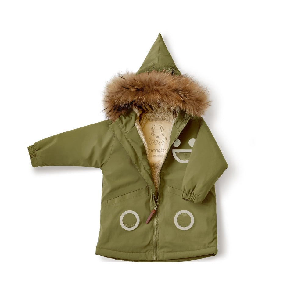 Boxbo Wistiti fleece-lined waterproof and snowproof fur jacket Oliver Green, laid flat with fur hood and soft inner lining