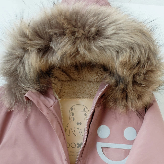 BOXBO Wistiti fleece-lined waterproof fur jacket in dusty rose pink with a plush faux-fur hood, zipper open to show warm fleece lining.