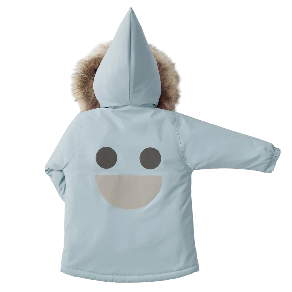 Boxbo Wistiti fleece lined waterproof & snowproof fur jacket Misty Ice Blue on toddler back with fur-trim hood