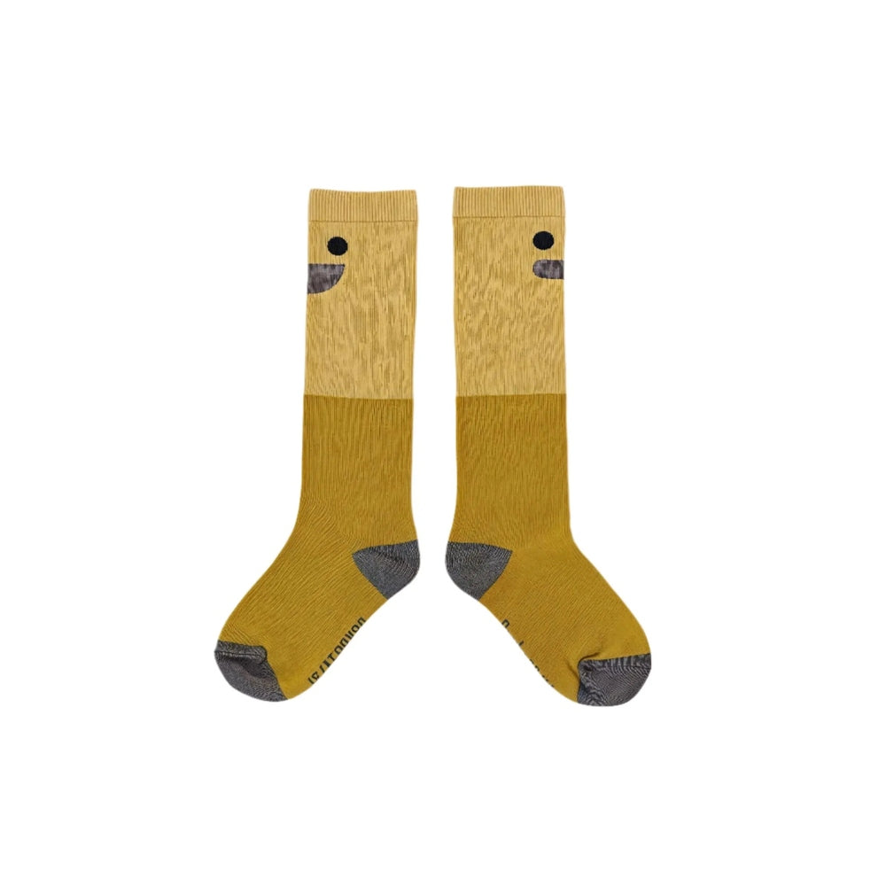 Boxbo Wistiti High Sock Yellow pair; mustard knit with gray toes/heels, shown standing upright side by