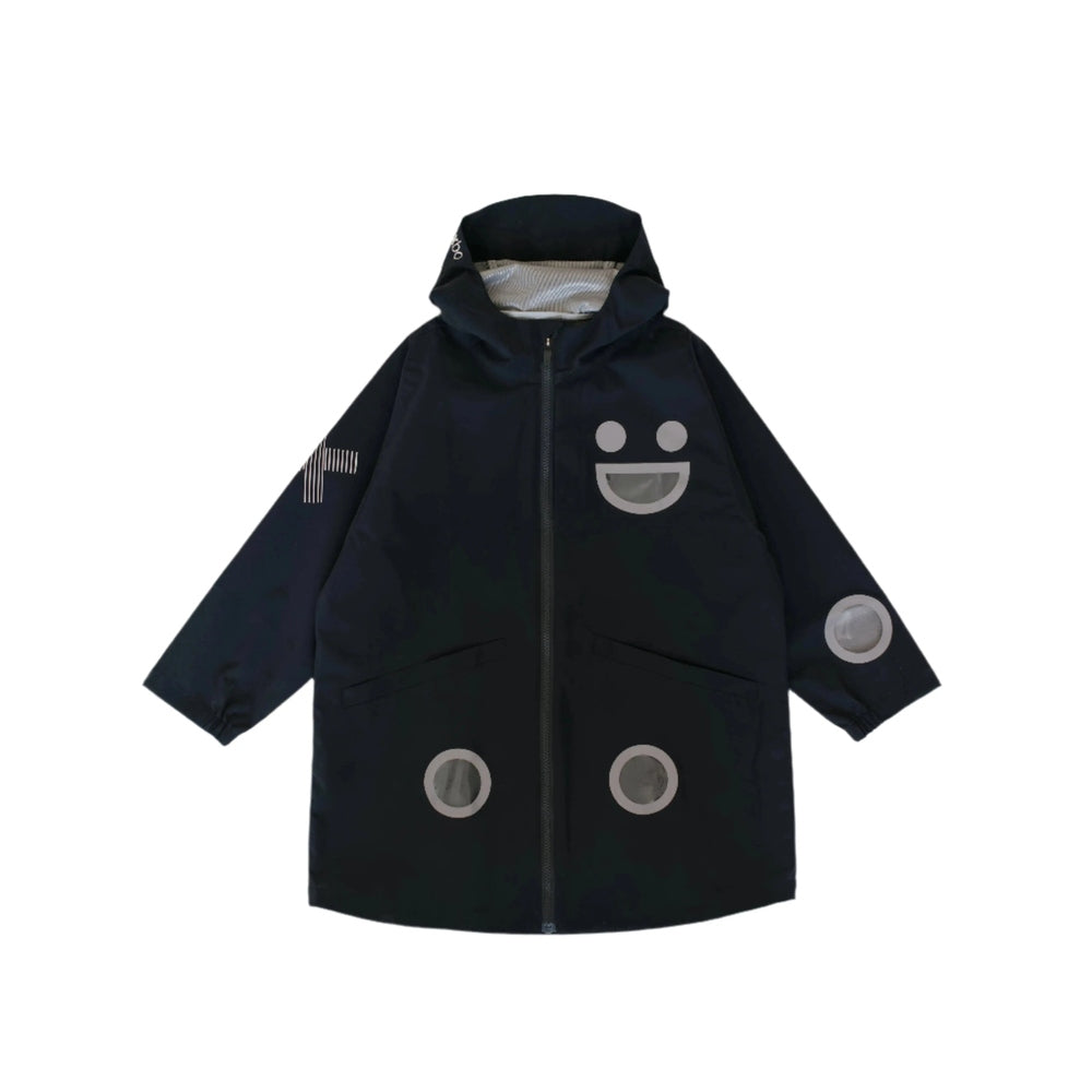 Boxbo Wistiti Windbreaker Rain Jacket Black, kids' hooded coat with reflective patches and a smiley face, zip front.