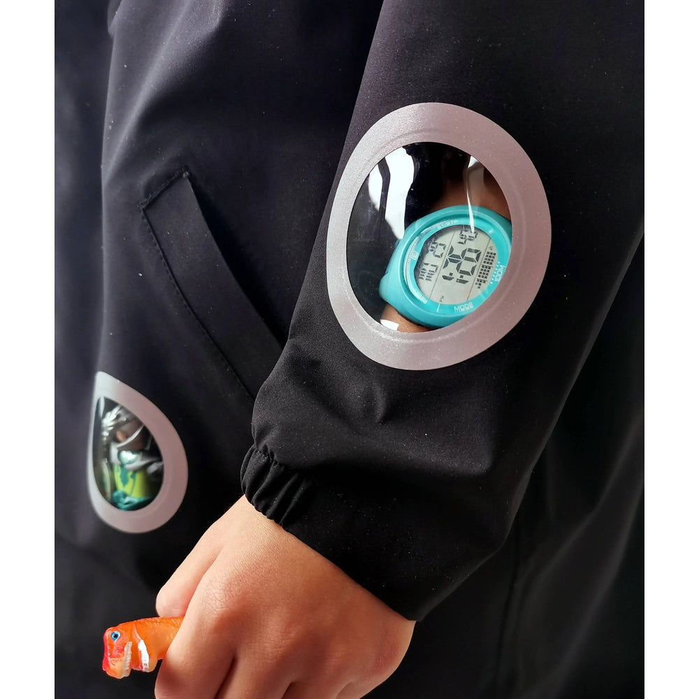 Boxbo Wistiti Windbreaker Rain Jacket Black; turquoise digital watch sits in a circular reflective sleeve pocket.