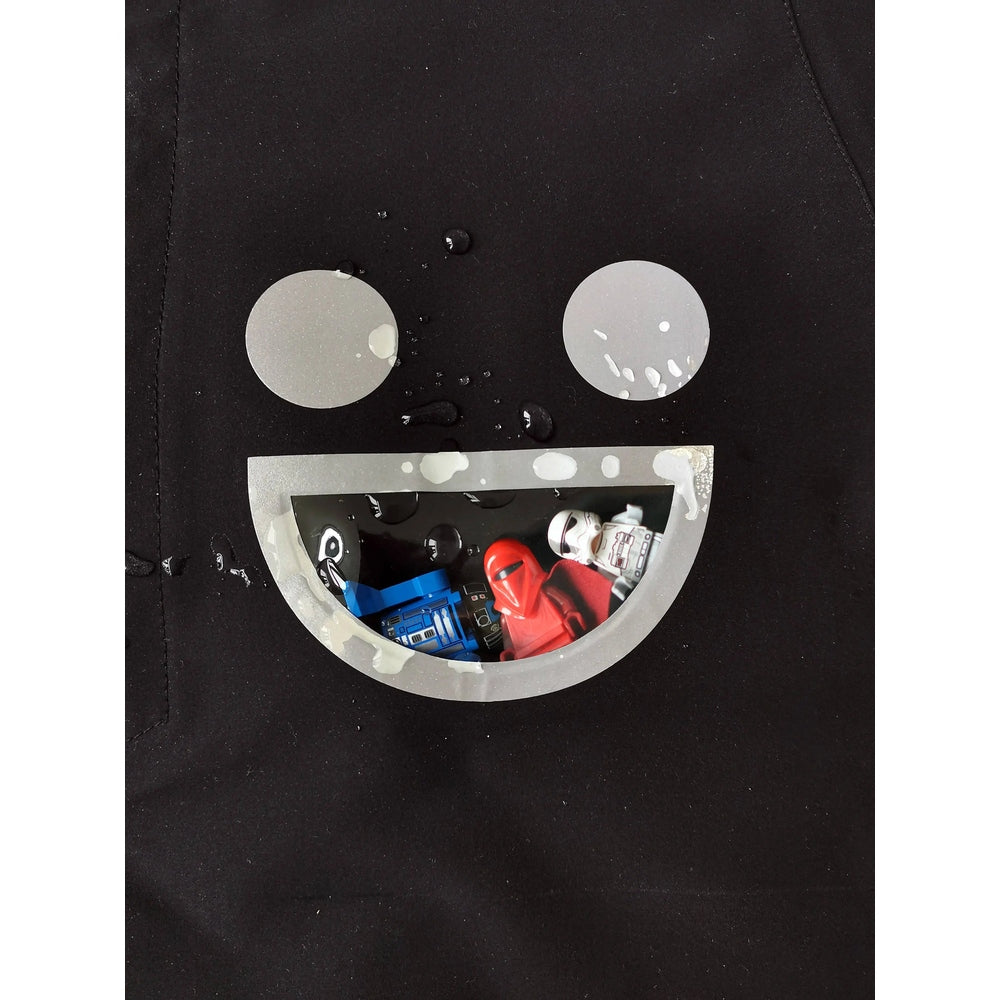 BOXBO Boxbo Wistiti windbreaker rain jacket, black, with a transparent front pouch holding toy minifigures.
