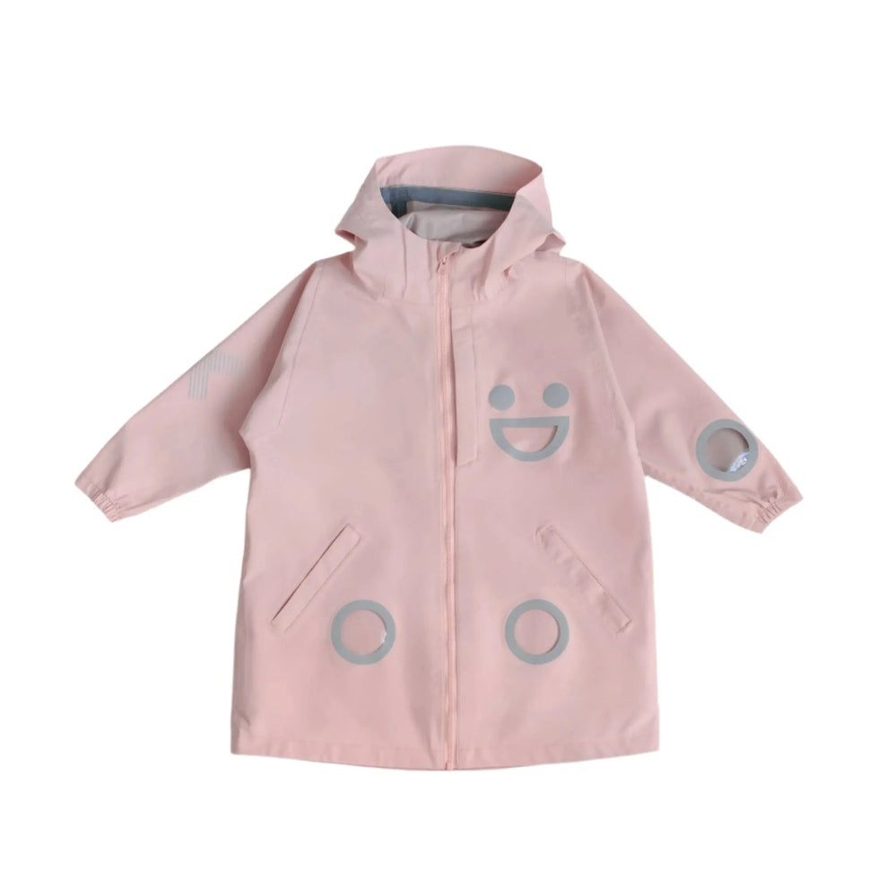 Boxbo Wistiti Windbreaker Rain Jacket Pink with hood, front zipper, gray circle accents, and angled pockets