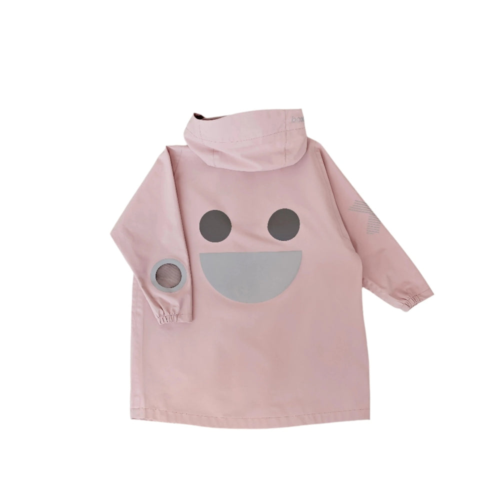 Boxbo Wistiti Windbreaker Rain Jacket Pink with a gray smiley-face graphic and a sleeve patch, ready for rainy days.