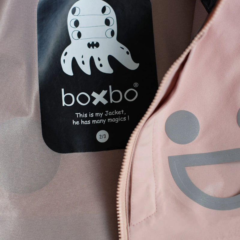 Boxbo Wistiti Windbreaker Rain Jacket Pink with gray graphic accents and visible zipper.