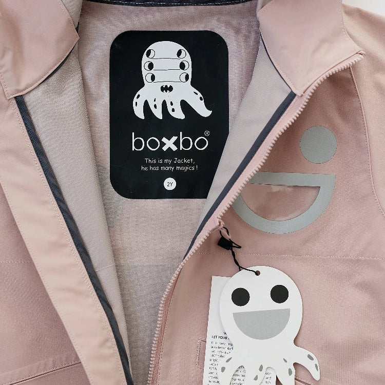 Boxbo Wistiti Windbreaker Rain Jacket Pink, baby outerwear with octopus logo, zipper open and brand tag visible.