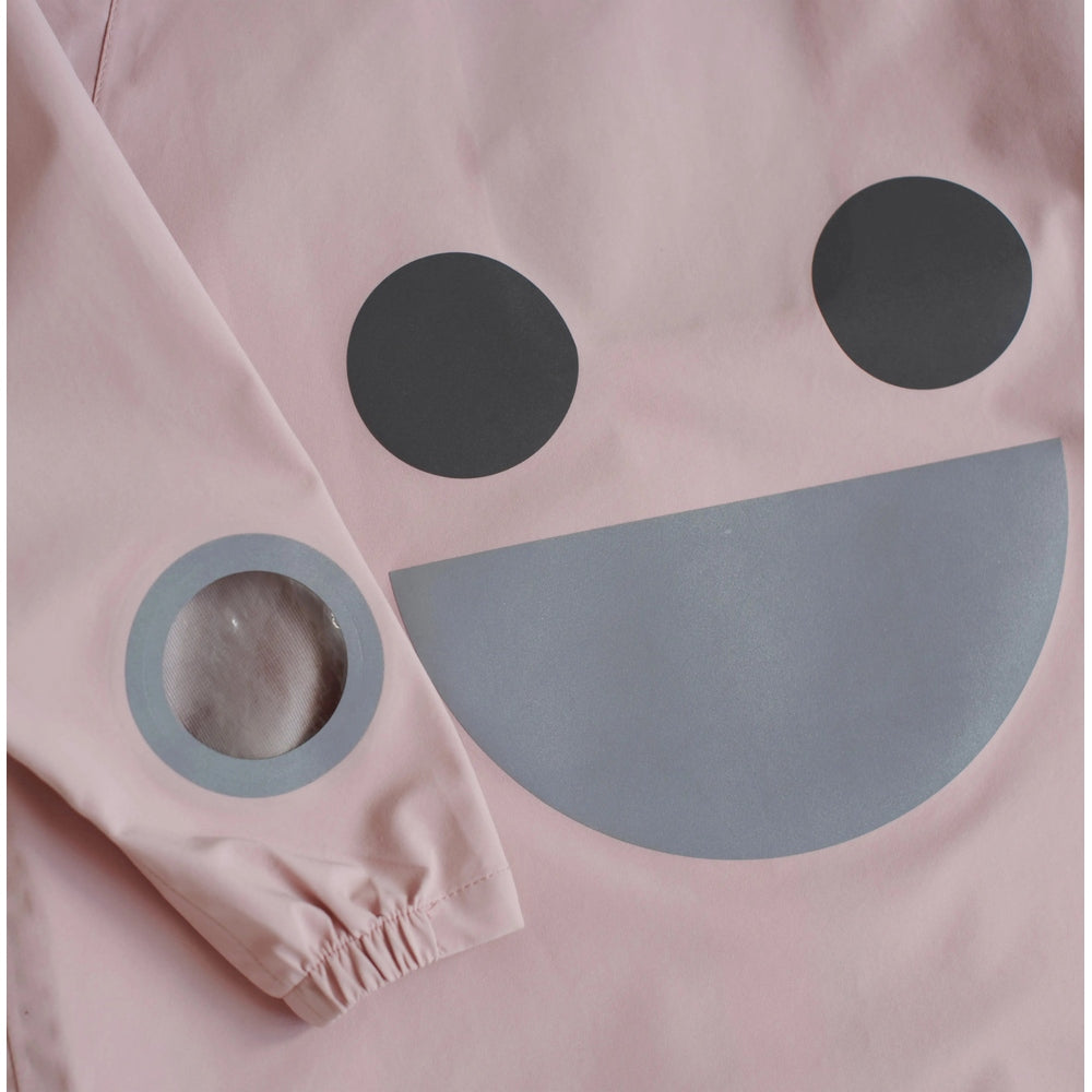 Boxbo Wistiti Windbreaker Rain Jacket Pink with gray circles, shown flat with an elastic sleeve cuff and clear circular window