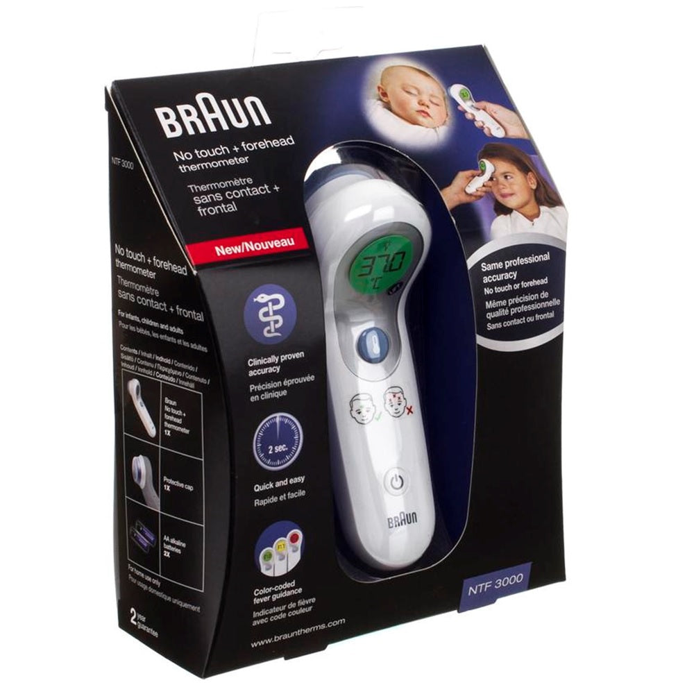 Braun No-Touch + Forehead Thermometer in packaging; white device with green digital display