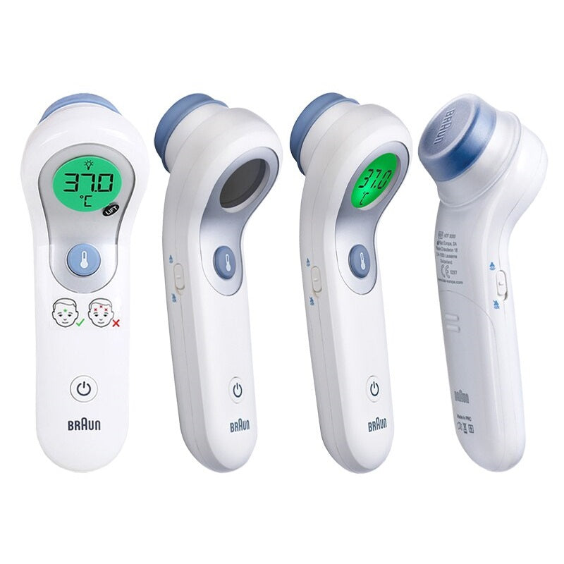 Braun No Touch + Forehead Thermometer set of 4 white handheld digital thermometers with blue accents