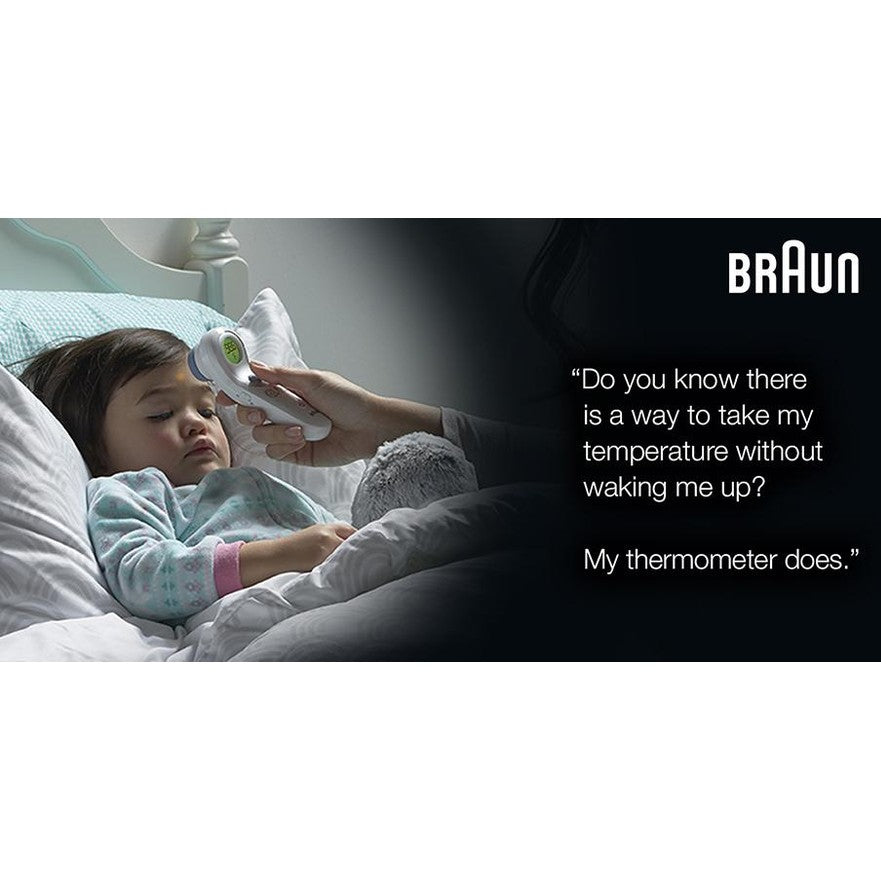 Braun No Touch + Forehead Thermometer measuring a sleeping child; white handheld medical device.