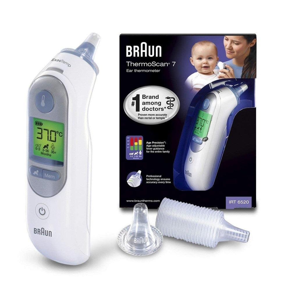 Braun ThermoScan 7 ear thermometer in white with digital LCD display and three probe covers