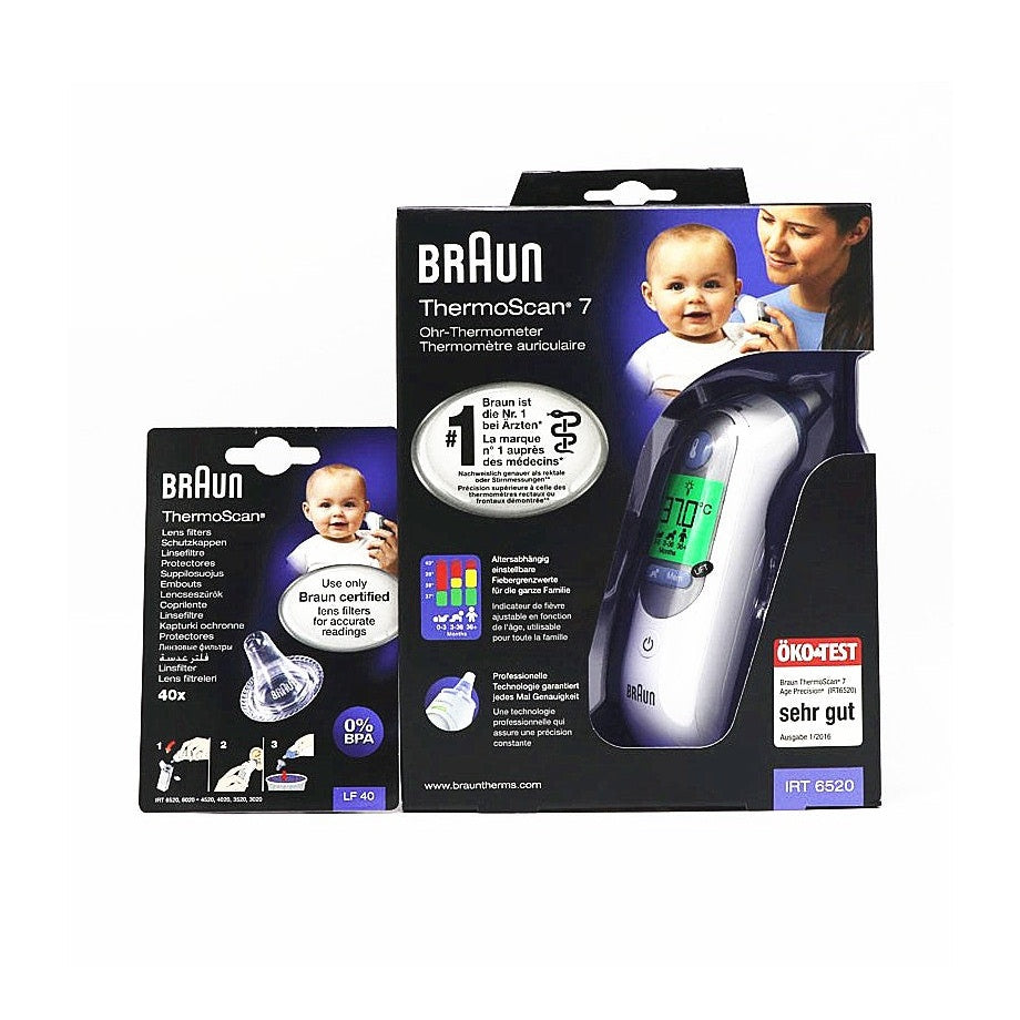 Braun Thermoscan 7 ear thermometer packaging plus lens filter pack; green LCD display, baby photo, BRAUN (2 items)