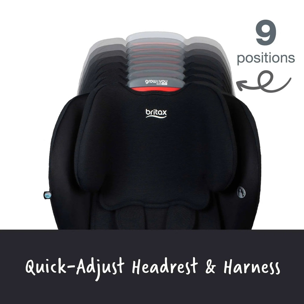 Britax Grow With You ClickTight Car Seat Safewash in black, showing 9-position headrest adjustment.