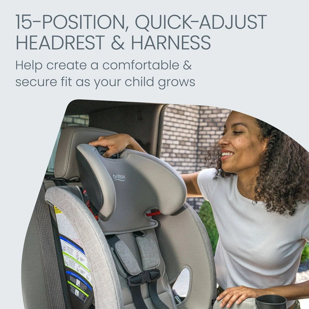 BRITAX One4Life Slim ClickTight All-in-One Car Seat in gray as a mom adjusts the headrest and harness inside a car.