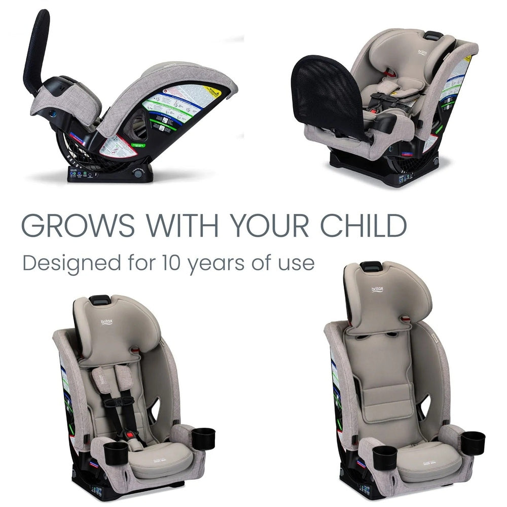 BRITAX One4Life Slim ClickTight All-in-One Car Seat in gray, shown in rear- and forward-facing positions for a growing child.