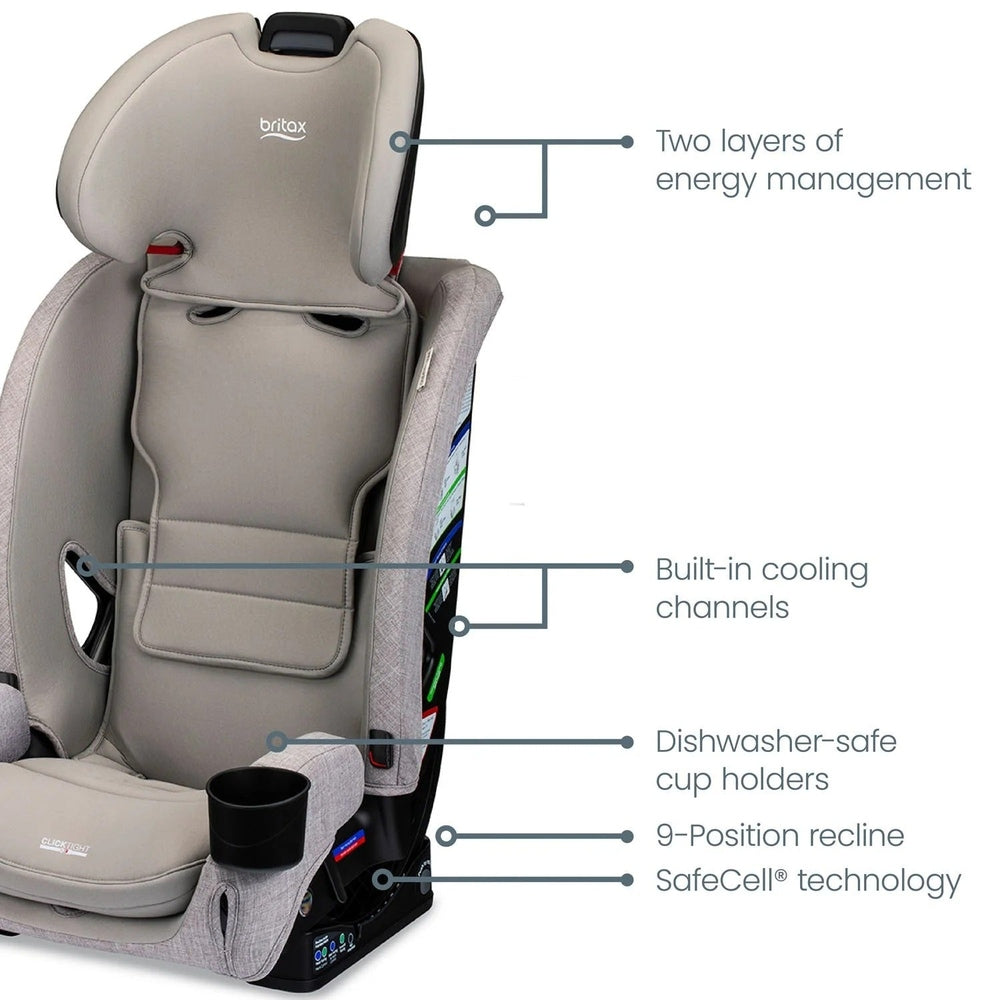 Britax One4Life Slim ClickTight All-in-One Car Seat in beige, with visible cooling channels and SafeCell tech, 9-position recline and cup holders.