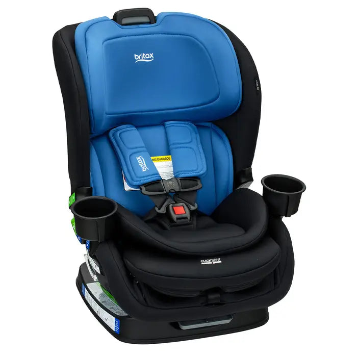 Britax Poplar Convertible Car Seat in blue and black, showing 5-point harness and dual cup holders.