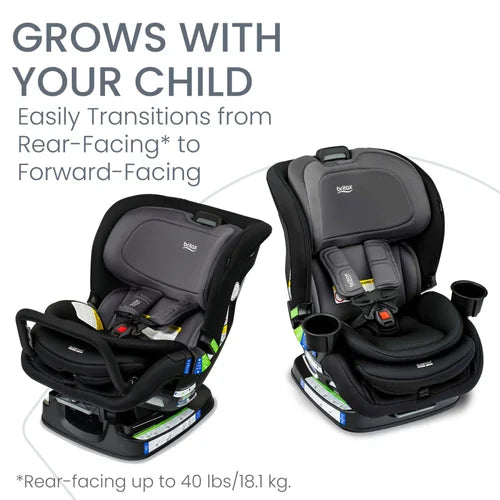 Britax Poplar Convertible Car Seat pair, black/gray, showing rear- to forward-facing transition with cup holders.
