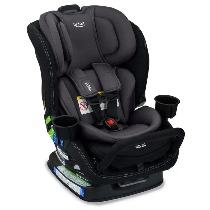 Britax Poplar S Convertible Car Seat in dark gray with dual cup holders, showing its secure padded harness.