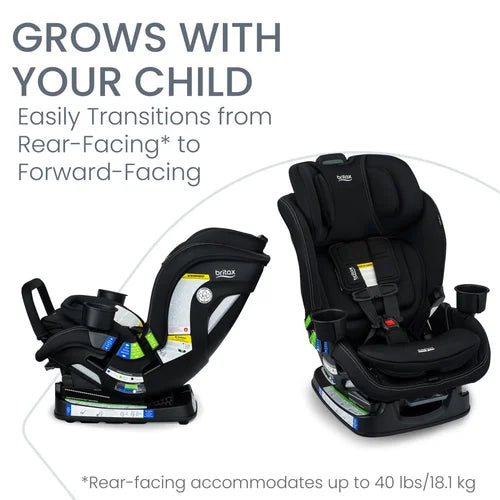 Britax Poplar S Convertible Car Seat in black, shown rear-facing and forward-facing to illustrate easy transitions.