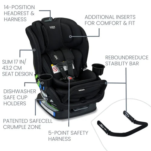 BRITAX Poplar S Convertible Car Seat in black secured with a 5-point harness and built-in cup holders