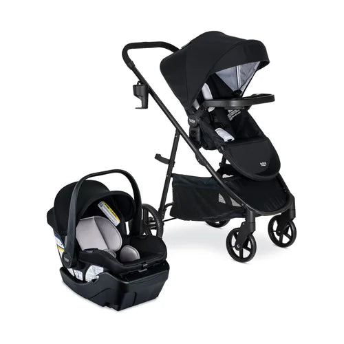 Britax Willow Brook Travel System stroller on a black frame with canopy, shown beside the infant car seat.