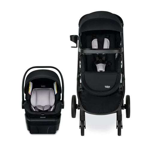 Britax Willow Brook Travel System stroller with matching infant car seat in black and gray, BRITAX branding.
