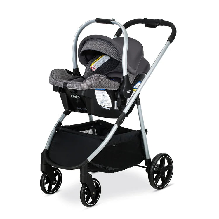 Britax Willow Grove SC Travel System: gray infant car seat attached to a gray stroller frame with a padded handle.