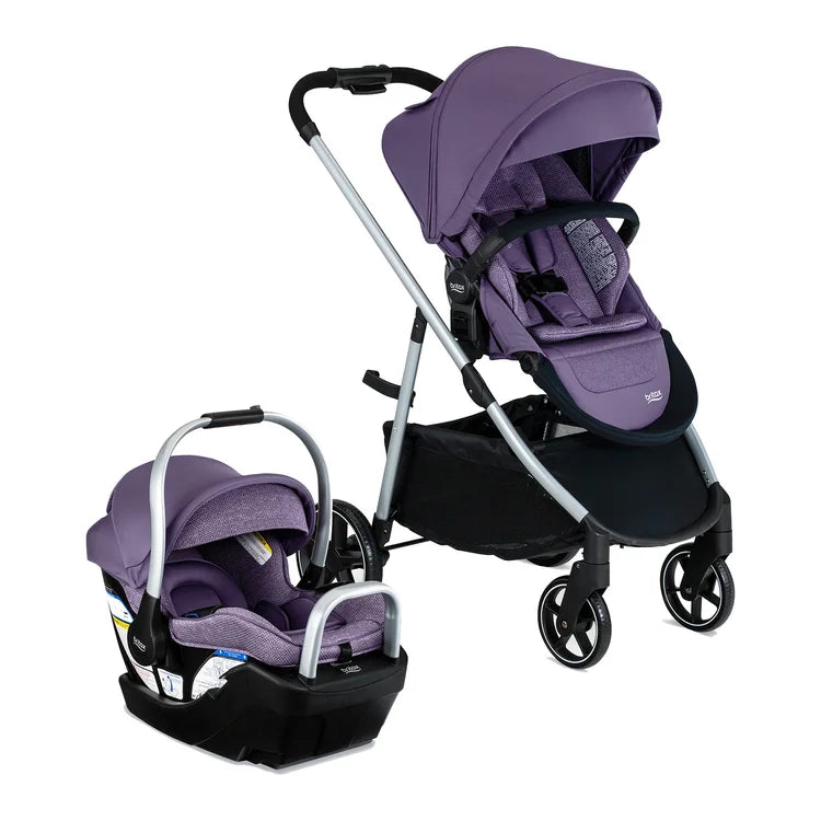 BRITAX Willow Grove SC Travel System in purple, stroller and infant car seat attached for easy transport.