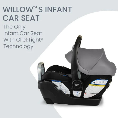 Britax Willow S Infant Car Seat in gray with base and handle, demonstrating ClickTight technology for secure installation.