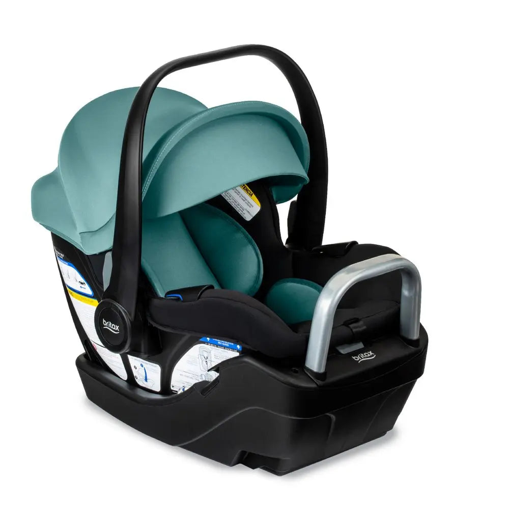 Britax Willow S infant car seat in teal with black base and gray carry handle raised over base
