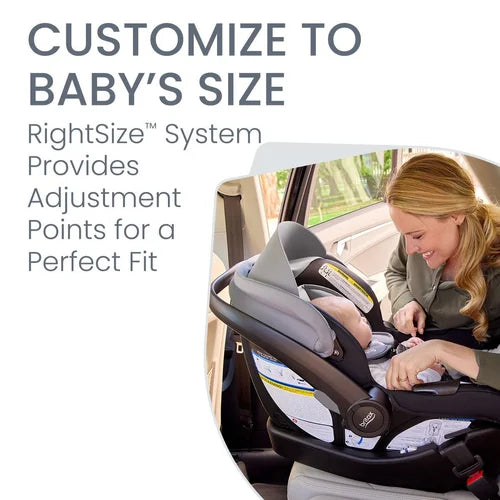 Britax Willow S Infant Car Seat in gray installed in car as mom adjusts and buckles baby.